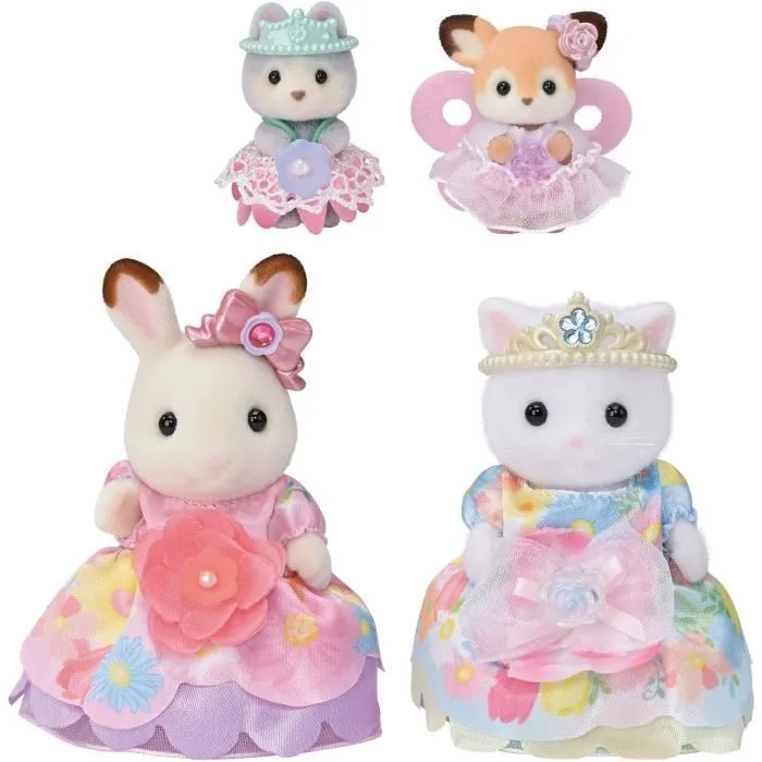 Sylvanian Families 5809 - Les Princesses en Robes à Fleurs - Set de 4 Figurines Articulées: Fille Lapin Chocolat, Chat Persan, Bébé Husky et Biche avec Accessoires