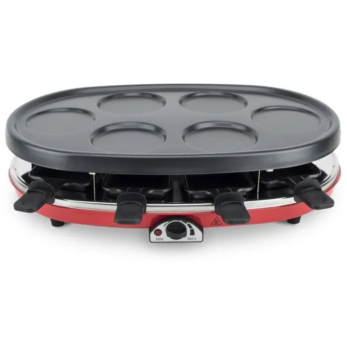 H.Koenig RP418 Appareil à raclette 4 en 1 pour 8 personnes - 3 plaques interchangeables (raclette, grill, granit, pancakes) - Température réglable 1500W