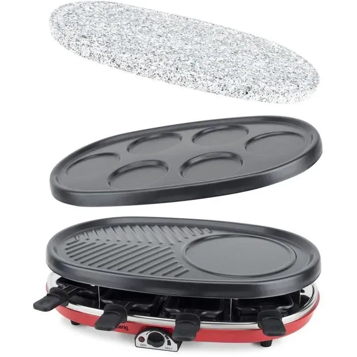 H.Koenig RP418 Appareil à raclette 4 en 1 pour 8 personnes - 3 plaques interchangeables (raclette, grill, granit, pancakes) - Température réglable 1500W