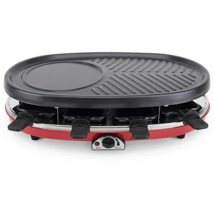 H.Koenig RP418 Appareil à raclette 4 en 1 pour 8 personnes - 3 plaques interchangeables (raclette, grill, granit, pancakes) - Température réglable 1500W