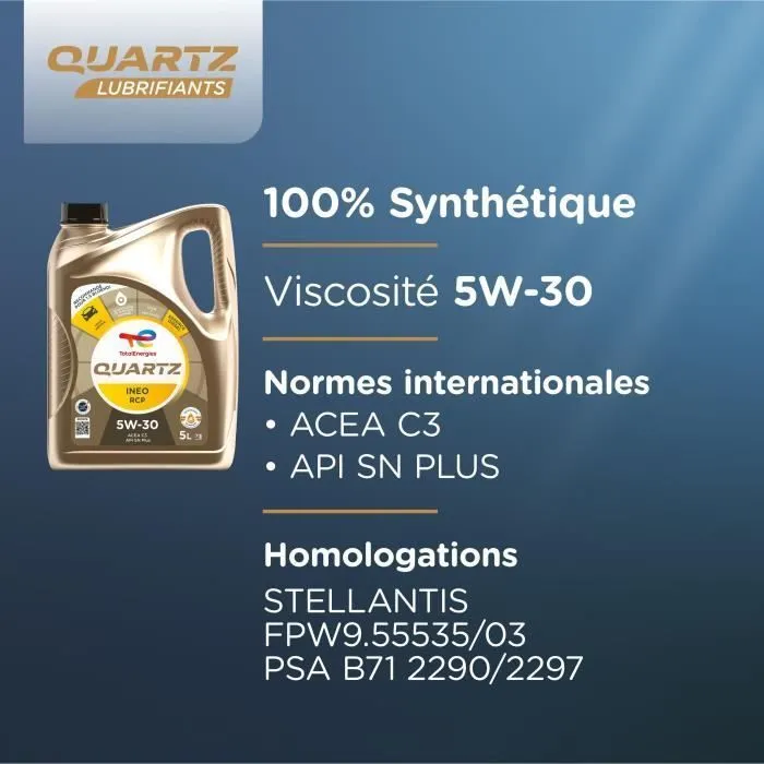 TotalEnergies Quartz Ineo RCP 5W-30 - Huile moteur synthétique - 5L - Homologations PSA B71 2290 et Stellantis FPW9.55535/03 - Pour moteurs 1.5 BlueHDi & 1.2 PureTech