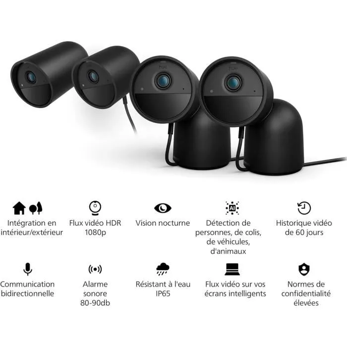 Philips Hue - Caméra de sécurité filaire Secure intérieur/extérieur 1080p Noir - Détection IA, vision nocturne, chat audio, résistante aux intempéries avec support