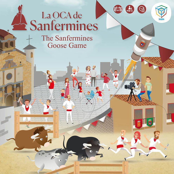 Deqube Jeu de l'Oca Thématique San Fermin avec 4 Figurines de Taureau Collecta, Instructions Multilingues et Dés en Bois - Pour 3 Ans et Plus
