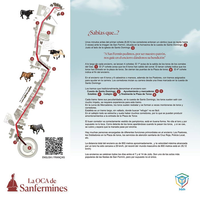 Deqube Jeu de l'Oca Thématique San Fermin avec 4 Figurines de Taureau Collecta, Instructions Multilingues et Dés en Bois - Pour 3 Ans et Plus