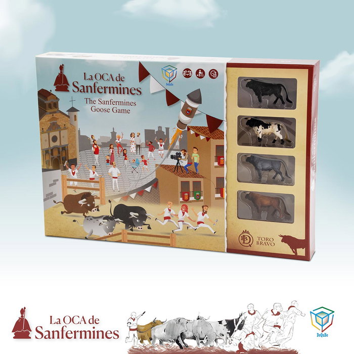 Deqube Jeu de l'Oca Thématique San Fermin avec 4 Figurines de Taureau Collecta, Instructions Multilingues et Dés en Bois - Pour 3 Ans et Plus