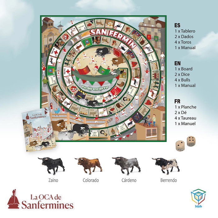Deqube Jeu de l'Oca Thématique San Fermin avec 4 Figurines de Taureau Collecta, Instructions Multilingues et Dés en Bois - Pour 3 Ans et Plus