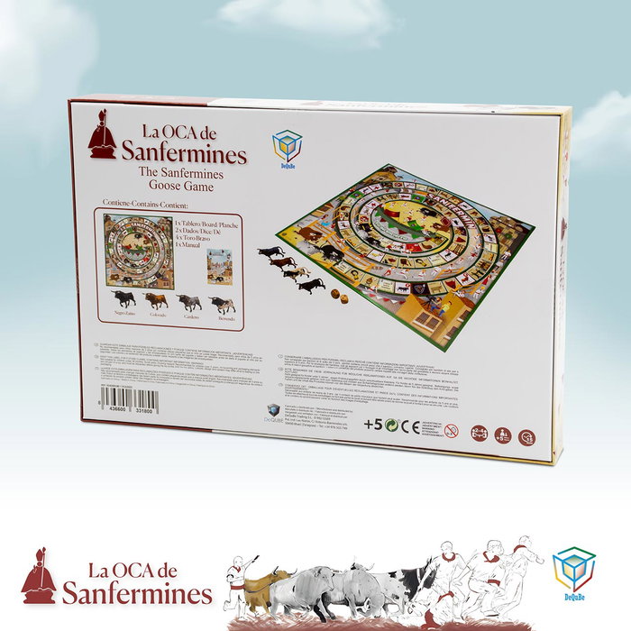 Deqube Jeu de l'Oca Thématique San Fermin avec 4 Figurines de Taureau Collecta, Instructions Multilingues et Dés en Bois - Pour 3 Ans et Plus
