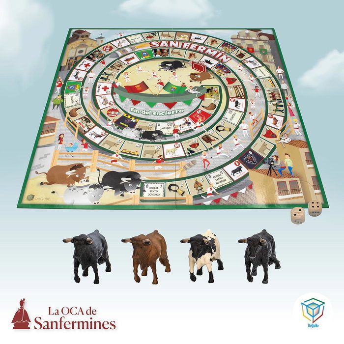 Deqube Jeu de l'Oca Thématique San Fermin avec 4 Figurines de Taureau Collecta, Instructions Multilingues et Dés en Bois - Pour 3 Ans et Plus