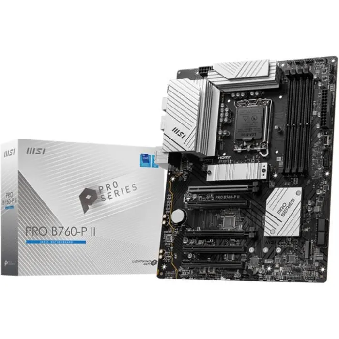 MSI PRO B760-P II Carte mère ATX Intel B760 LGA 1700 (Socket 1700) pour processeurs Intel 13e/14e génération, DDR5, PCIe 4.0, SATA III, 2.5 GbE LAN MSI PRO B760-P II Carte mère ATX Intel B760 LGA 1700 (Socket 1700) pour processeurs Intel 13e/14e génération, DDR5, PCIe 4.0, SATA III, 2.5 GbE LAN