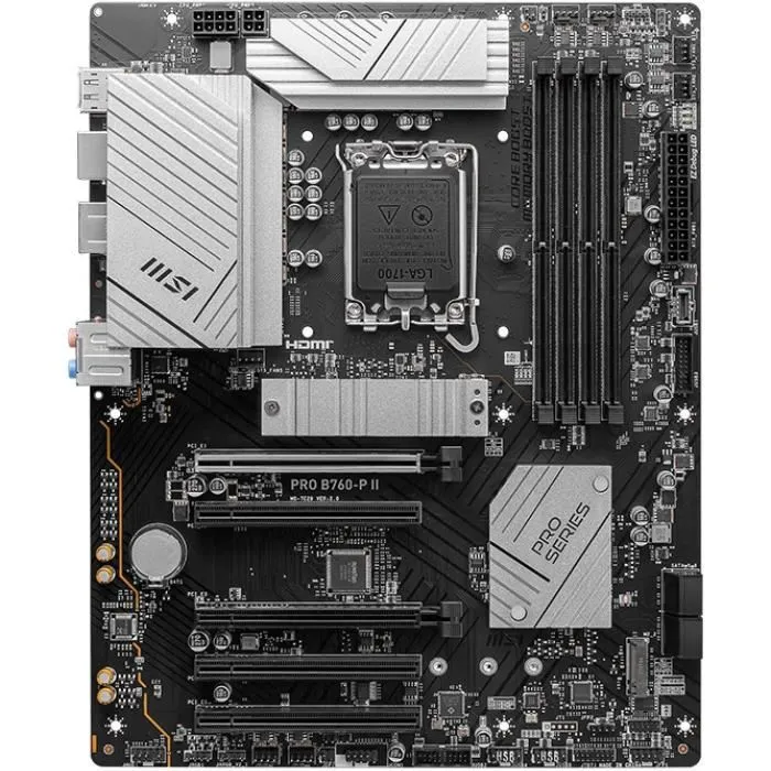 MSI PRO B760-P II Carte mère ATX Intel B760 LGA 1700 (Socket 1700) pour processeurs Intel 13e/14e génération, DDR5, PCIe 4.0, SATA III, 2.5 GbE LAN MSI PRO B760-P II Carte mère ATX Intel B760 LGA 1700 (Socket 1700) pour processeurs Intel 13e/14e génération, DDR5, PCIe 4.0, SATA III, 2.5 GbE LAN
