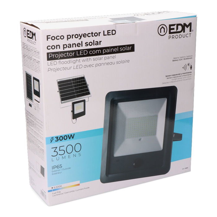 Edm Projecteur LED Solaire 300W 3500lm 6500K avec Capteur de Mouvement IP65 Edm Projecteur LED Solaire 300W 3500lm 6500K avec Capteur de Mouvement IP65