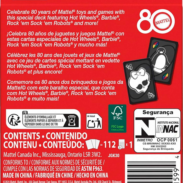 UNO Jeu de cartes Rouge Rubis 80ème anniversaire de Mattel