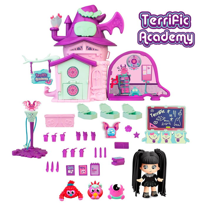 Famosa Pinypon Academia Terrific PNY54000 - Figurine Pinypon professeur exclusive, 3 monstres, accessoires et décorations phosphorescentes, +4 ans