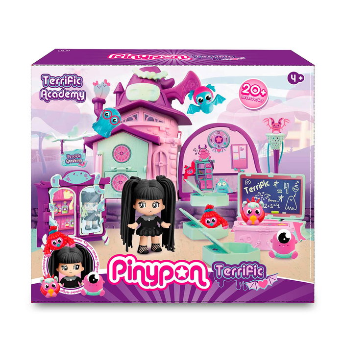 Famosa Pinypon Academia Terrific PNY54000 - Figurine Pinypon professeur exclusive, 3 monstres, accessoires et décorations phosphorescentes, +4 ans