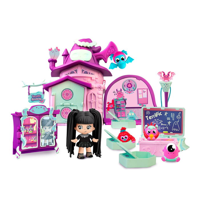 Famosa Pinypon Academia Terrific PNY54000 - Figurine Pinypon professeur exclusive, 3 monstres, accessoires et décorations phosphorescentes, +4 ans