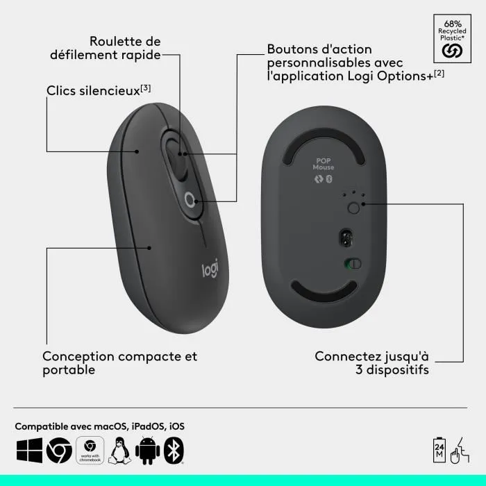 Logitech - Pop Mouse - Souris sans fil graphite - Connexion Bluetooth, jusqu'à 3 appareils, technologie FLOW, 1200 dpi