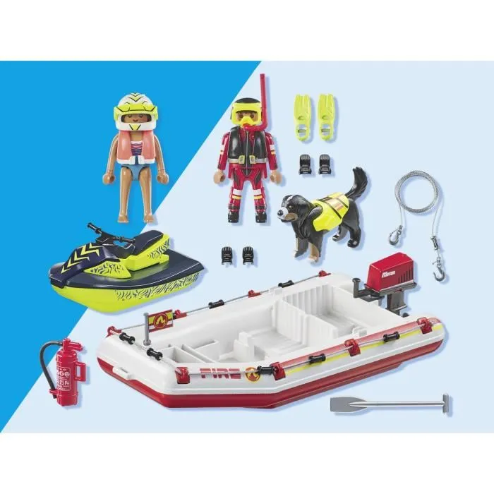 PLAYMOBIL 71464 Bateau de pompier avec scooter des mers et personnages - Jeu de construction Action Heroes pour enfants dès 4 ans