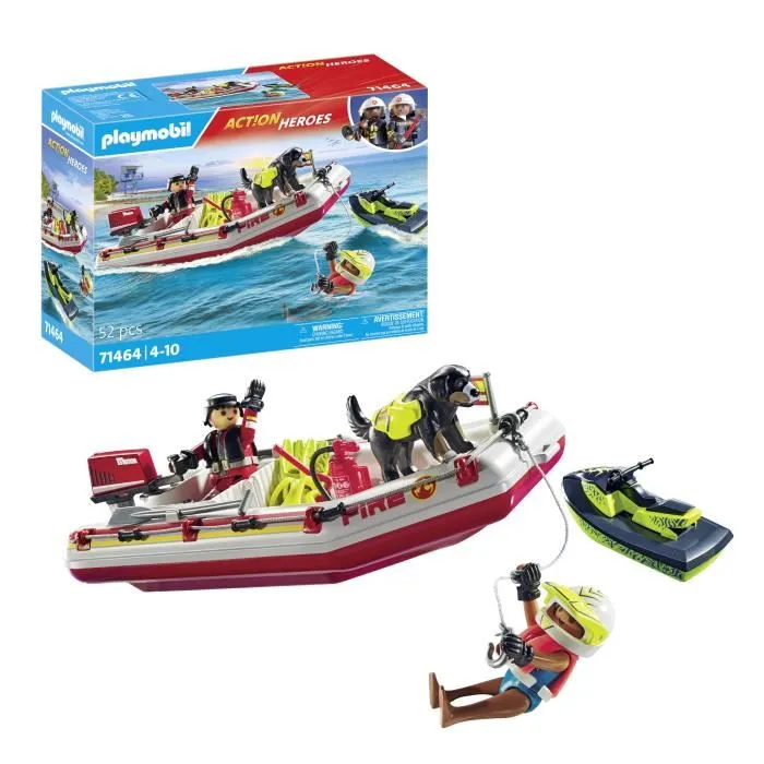PLAYMOBIL 71464 Bateau de pompier avec scooter des mers et personnages - Jeu de construction Action Heroes pour enfants dès 4 ans