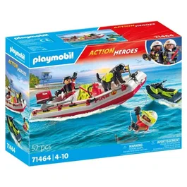 PLAYMOBIL 71464 Bateau de pompier avec scooter des mers et personnages - Jeu de construction Action Heroes pour enfants dès 4 ans