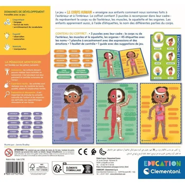 Clementoni Jeu éducatif Montessori Le Corps Humain - Planche avec éléments en carton pour apprendre l'anatomie extérieure et intérieure