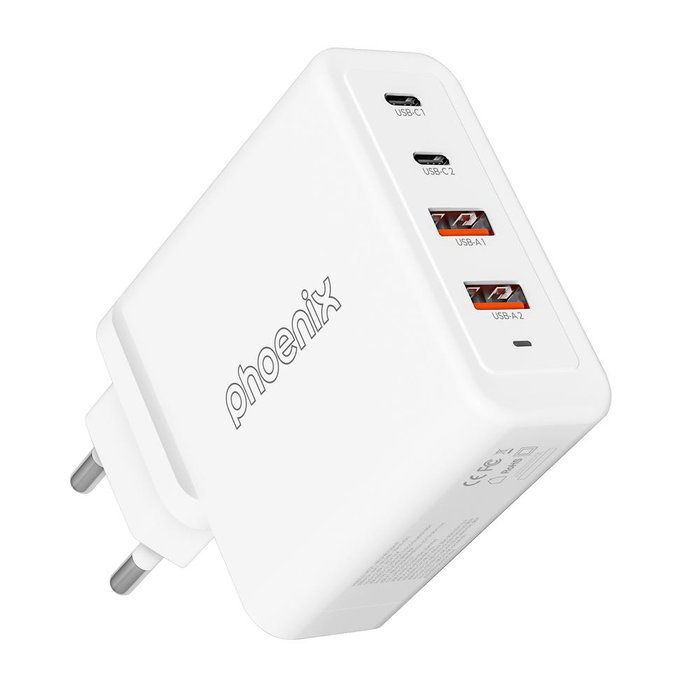 Phoenix technologies Chargeur USB-C GaN 100W avec 2x USB-C et 2x USB-A, Charge rapide 5A, Compatible ordinateurs portables, tablettes et smartphones
