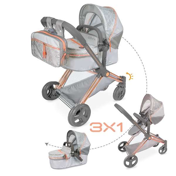 Decuevas Cityx 3-en-1 - Poussette pliante pour poupées jusqu'à 50 cm - Dimensions 38x65x73 cm - Coton, Plastique, Polyester