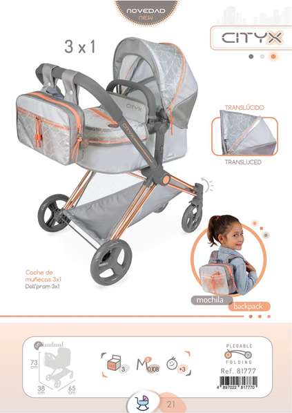 Decuevas Cityx 3-en-1 - Poussette pliante pour poupées jusqu'à 50 cm - Dimensions 38x65x73 cm - Coton, Plastique, Polyester