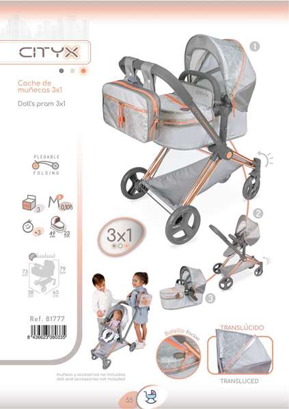 Decuevas Cityx 3-en-1 - Poussette pliante pour poupées jusqu'à 50 cm - Dimensions 38x65x73 cm - Coton, Plastique, Polyester