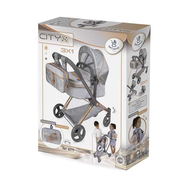 Decuevas Cityx 3-en-1 - Poussette pliante pour poupées jusqu'à 50 cm - Dimensions 38x65x73 cm - Coton, Plastique, Polyester