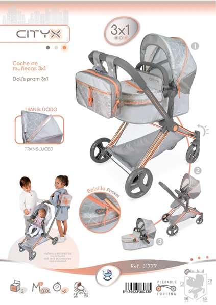 Decuevas Cityx 3-en-1 - Poussette pliante pour poupées jusqu'à 50 cm - Dimensions 38x65x73 cm - Coton, Plastique, Polyester