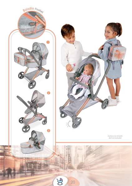 Decuevas Cityx 3-en-1 - Poussette pliante pour poupées jusqu'à 50 cm - Dimensions 38x65x73 cm - Coton, Plastique, Polyester