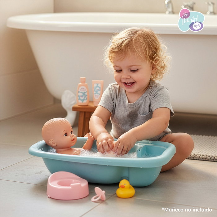 Tachan - Baignoire Bleue pour Poupées avec 7 Accessoires : Biberon, Gel, Canard, Tétine, Pot - Jeu d'Imitation - Référence T00989
