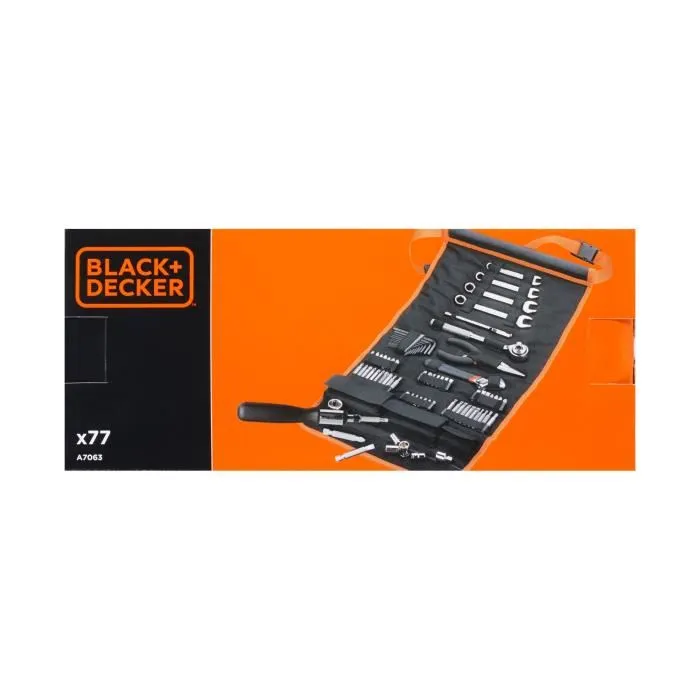BLACK+DECKER A7063-QZ Kit d'outillage - 77 pièces avec sacoche enroulable - embouts, douilles, clés et accessoires pour bricoleurs