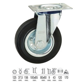 WOLFPACK LINEA PROFESIONAL Roue Industrielle en Caoutchouc Noir avec Platine 125 mm