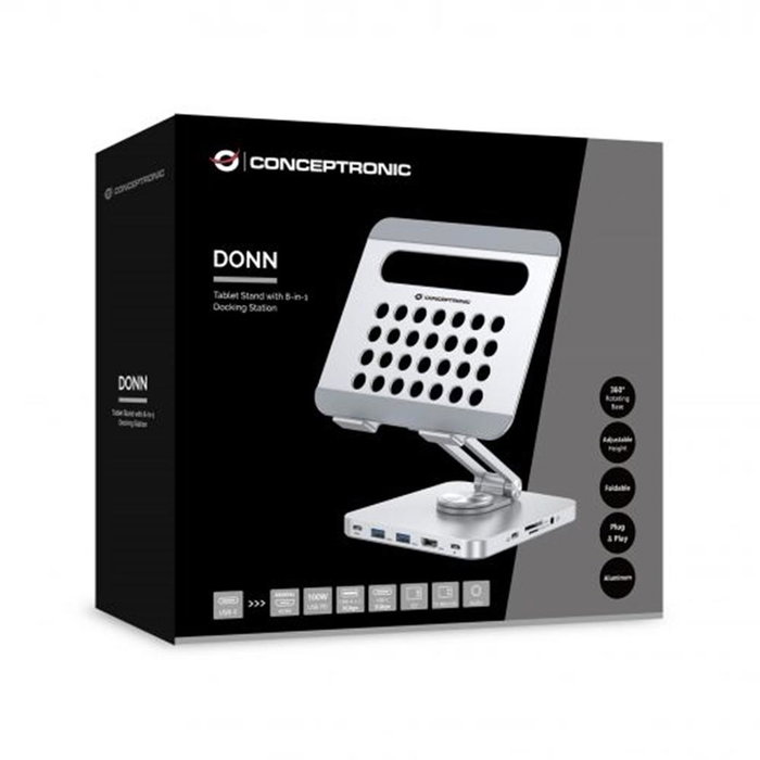 Conceptronic DONN26G Station d'accueil USB-C 8-en-1 Gris avec HDMI 4K, USB-A, USB-C PD 100W, lecteur SD