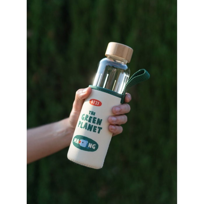 ERIK - Botella de Agua de Cristal con Funda Mang BT21, 500 ml, con Tapon de Bambú y Asa