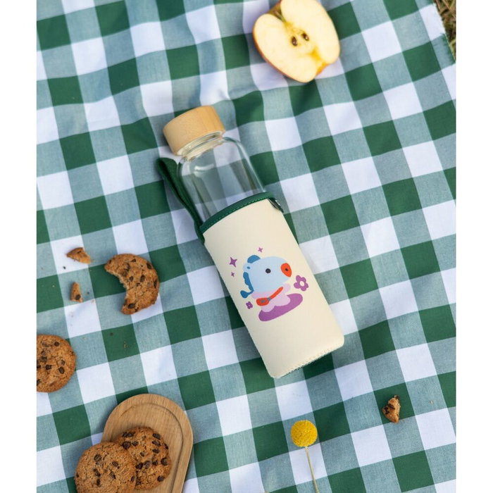 ERIK - Botella de Agua de Cristal con Funda Mang BT21, 500 ml, con Tapon de Bambú y Asa