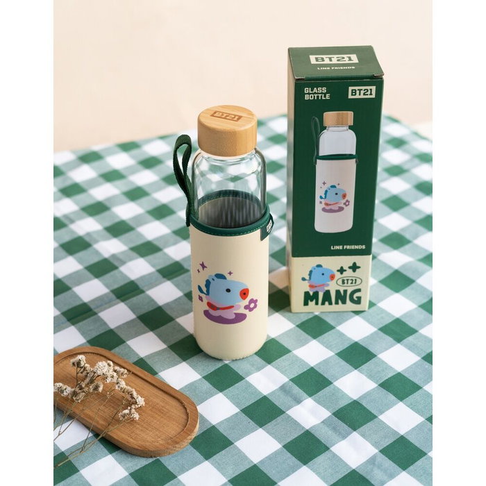 ERIK - Botella de Agua de Cristal con Funda Mang BT21, 500 ml, con Tapon de Bambú y Asa