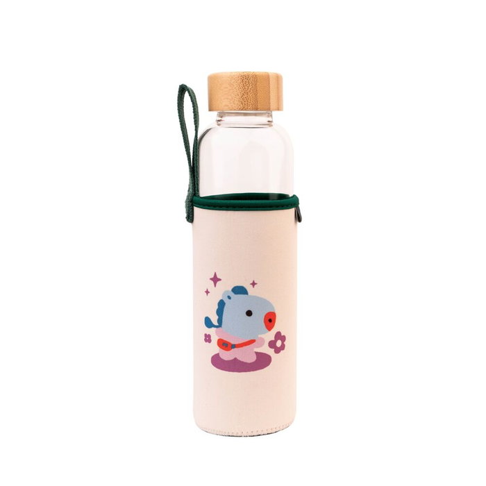 ERIK - Botella de Agua de Cristal con Funda Mang BT21, 500 ml, con Tapon de Bambú y Asa