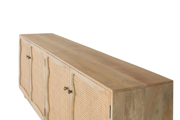 GINER Y COLOMER - Buffet en bois de manguier avec 4 portes à motif de canevas tressé, design artisanal - Couleur naturel - Dimensions 200 x 40 x 77 cm