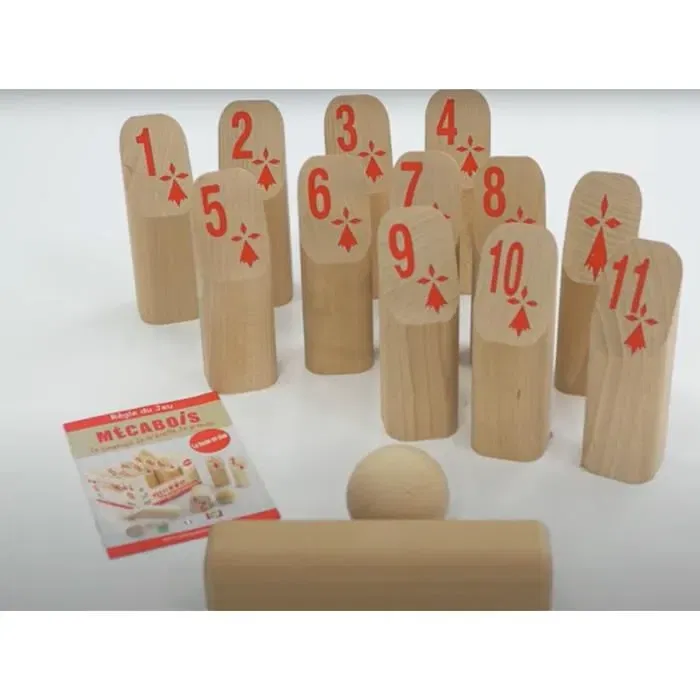 Mecabois Jeu de Quilles Finlandaises en Bois PEFC 12 Pièces avec Maillet et Boule - Jeu d'Adresse pour Enfants dès 6 Ans Mecabois Jeu de Quilles Finlandaises en Bois PEFC 12 Pièces avec Maillet et Boule - Jeu d'Adresse pour Enfants dès 6 Ans