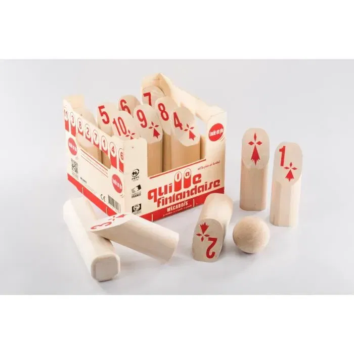 Mecabois Jeu de Quilles Finlandaises en Bois PEFC 12 Pièces avec Maillet et Boule - Jeu d'Adresse pour Enfants dès 6 Ans Mecabois Jeu de Quilles Finlandaises en Bois PEFC 12 Pièces avec Maillet et Boule - Jeu d'Adresse pour Enfants dès 6 Ans