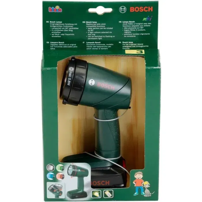 Klein 8448 Lampe torche électronique Bosch pour enfant avec 2 modes, 4 filtres de couleur (rouge, bleu, vert, jaune) et tête pivotante à 90°, à partir de 3 ans