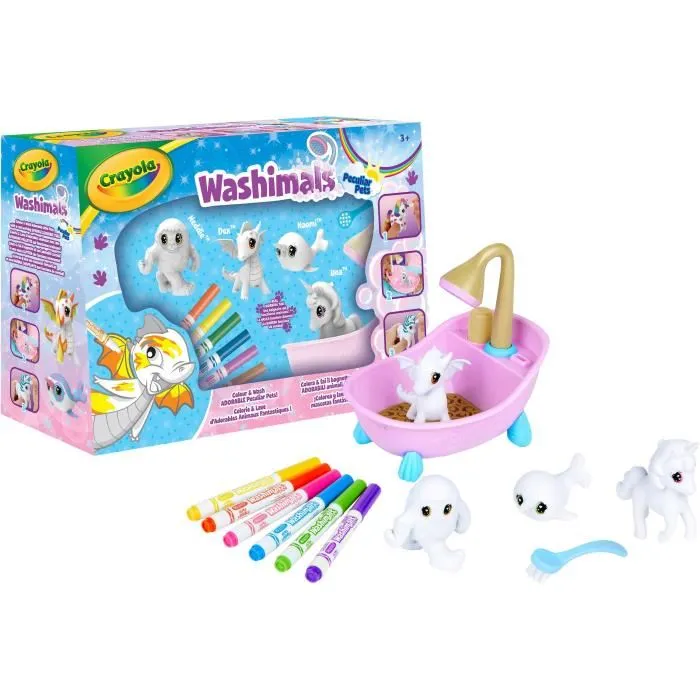 Crayola Coffret de coloriage lavable Washimals Animaux fantastiques, 4 animaux, 6 feutres, accessoires, pour enfants dès 3 ans