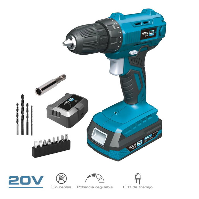 Koma Tools 20v-at-k Kit Perceuse-visseuse 20V avec Batterie 2.0Ah et Chargeur 30W, 19+1 Positions, 15 Nm, Bleu/Noir Koma Tools 20v-at-k Kit Perceuse-visseuse 20V avec Batterie 2.0Ah et Chargeur 30W, 19+1 Positions, 15 Nm, Bleu/Noir