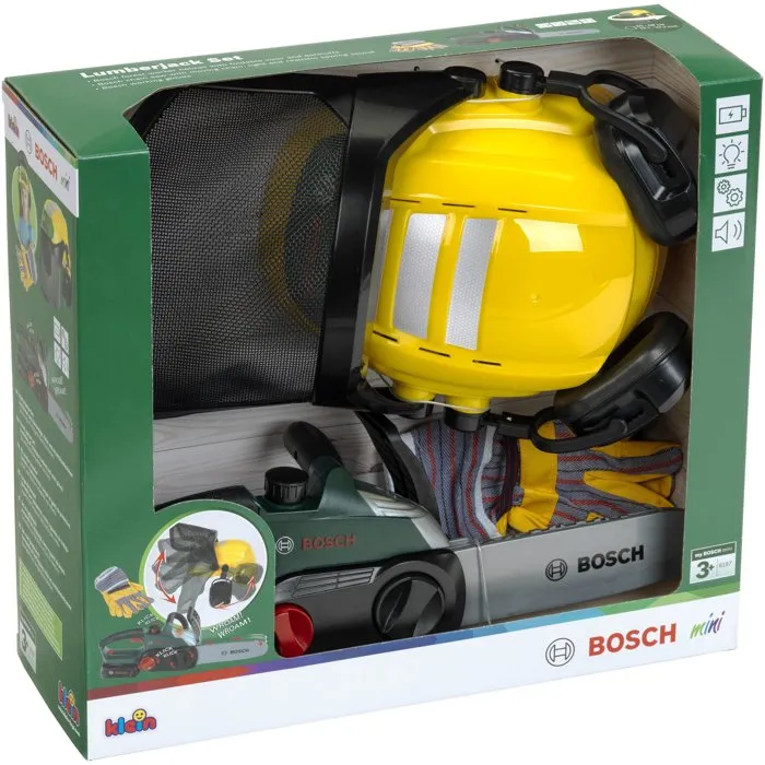 Bosch - KLEIN - 8197 - Set Bûcheron Jouet d'imitation - Tronçonneuse Électronique avec Bruit et Lame Changeable, Casque avec Visière et Gants - À Partir de 3 Ans