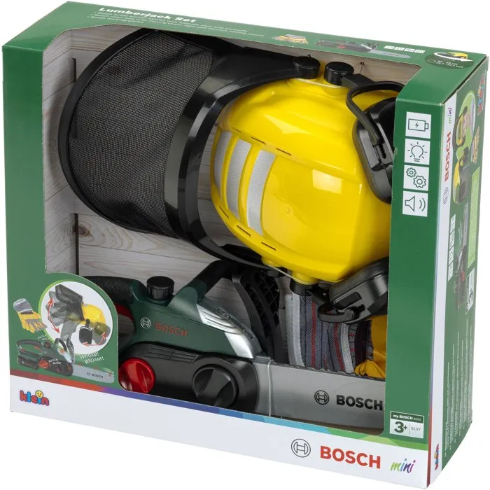 Bosch - KLEIN - 8197 - Set Bûcheron Jouet d'imitation - Tronçonneuse Électronique avec Bruit et Lame Changeable, Casque avec Visière et Gants - À Partir de 3 Ans