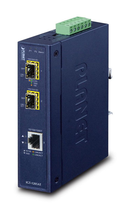 Planet IGT-1205AT Convertisseur média industriel Gigabit 1 port RJ45 10/100/1000BASE-T et 2 ports SFP 100/1000/2500BASE-X pour montage DIN ou mural (température -40°C à 75°C) Planet IGT-1205AT Convertisseur média industriel Gigabit 1 port RJ45 10/100/1000BASE-T et 2 ports SFP 100/1000/2500BASE-X pour montage DIN ou mural (température -40°C à 75°C)