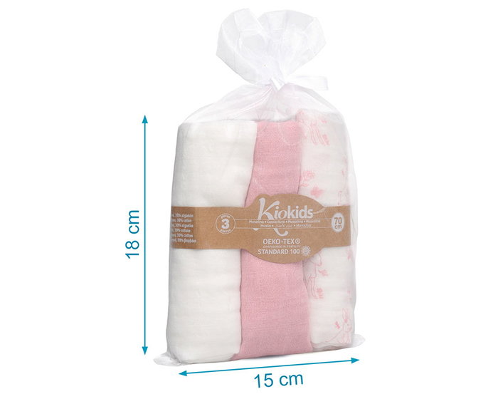 KioKids Set de 3 Mousselines Rose, Blanc et Imprimé Animaux 70x70cm KioKids Set de 3 Mousselines Rose, Blanc et Imprimé Animaux 70x70cm