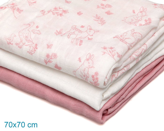 KioKids Set de 3 Mousselines Rose, Blanc et Imprimé Animaux 70x70cm KioKids Set de 3 Mousselines Rose, Blanc et Imprimé Animaux 70x70cm